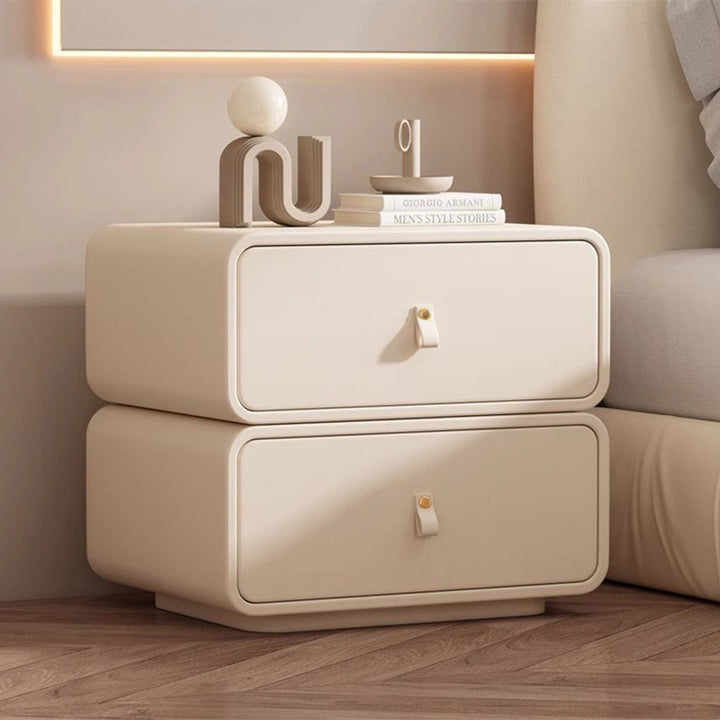 Contemporary Nordic Microfiber Leather &amp; Plank Square Nightstand With 2 Drawers For Bedroom And Living Room