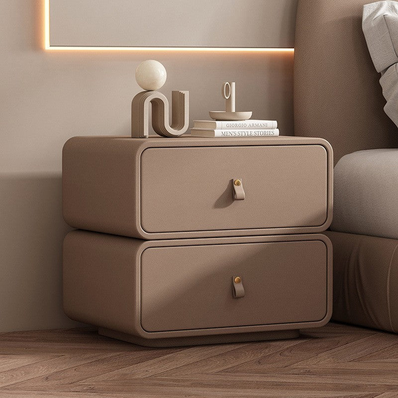 Contemporary Nordic Microfiber Leather &amp; Plank Square Nightstand With 2 Drawers For Bedroom And Living Room