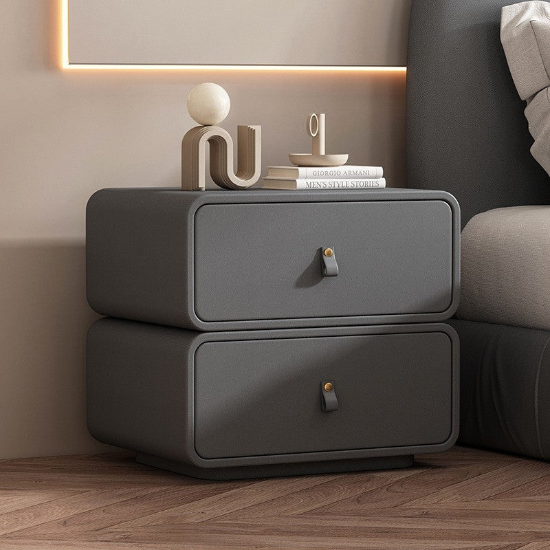 Contemporary Nordic Microfiber Leather &amp; Plank Square Nightstand With 2 Drawers For Bedroom And Living Room