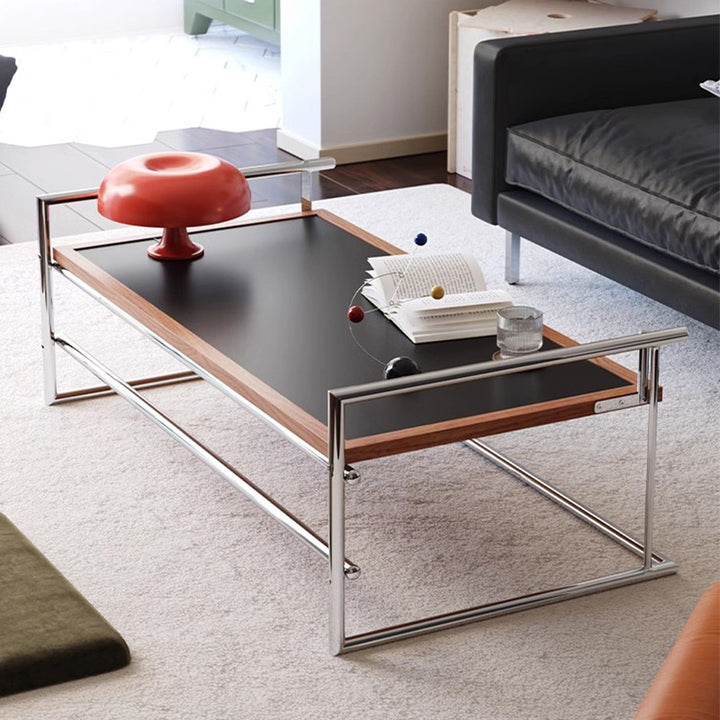 Contemporary Nordic Plank, Wood &amp; Stainless Steel Rectangular Coffee Table With 90° Flip Top For Living Room And Bedroom