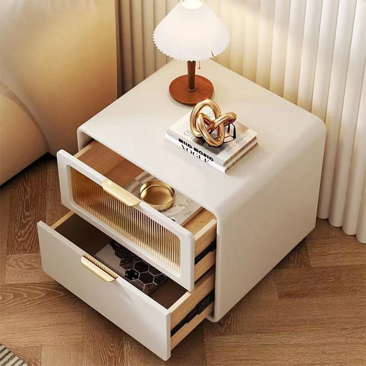 Table de chevet carré en cuir microfibre nordique contemporain, bois et verre avec 2 tiroirs pour chambre et salon 
