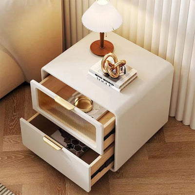 Table de chevet carré en cuir microfibre nordique contemporain, bois et verre avec 2 tiroirs pour chambre et salon 