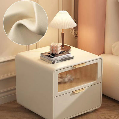 Table de chevet carré en cuir microfibre nordique contemporain, bois et verre avec 2 tiroirs pour chambre et salon 