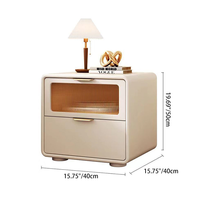 Table de chevet carré en cuir microfibre nordique contemporain, bois et verre avec 2 tiroirs pour chambre et salon 