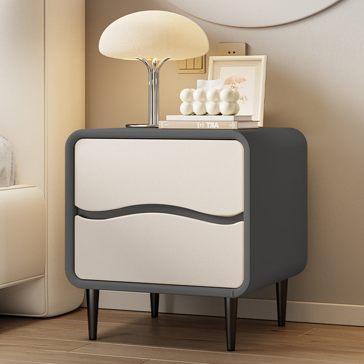 Table de nuit carrée moderne minimaliste en cuir microfibre et bois avec 2 tiroirs pour chambre et salon 