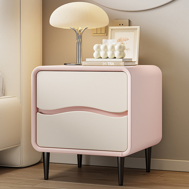 Table de nuit carrée moderne minimaliste en cuir microfibre et bois avec 2 tiroirs pour chambre et salon 