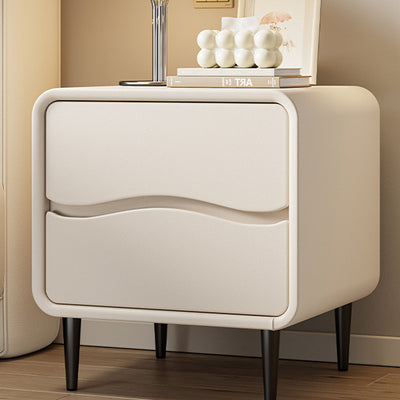 Moderna mesita de noche cuadrada minimalista de cuero de microfibra y madera con 2 cajones para dormitorio y sala de estar 