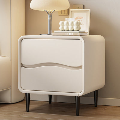 Moderna mesita de noche cuadrada minimalista de cuero de microfibra y madera con 2 cajones para dormitorio y sala de estar 