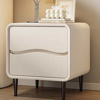 Moderna mesita de noche cuadrada minimalista de cuero de microfibra y madera con 2 cajones para dormitorio y sala de estar 