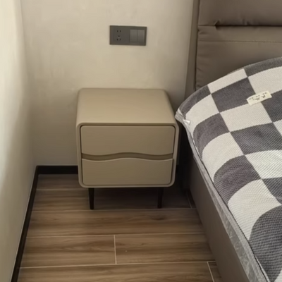 Moderna mesita de noche cuadrada minimalista de cuero de microfibra y madera con 2 cajones para dormitorio y sala de estar 