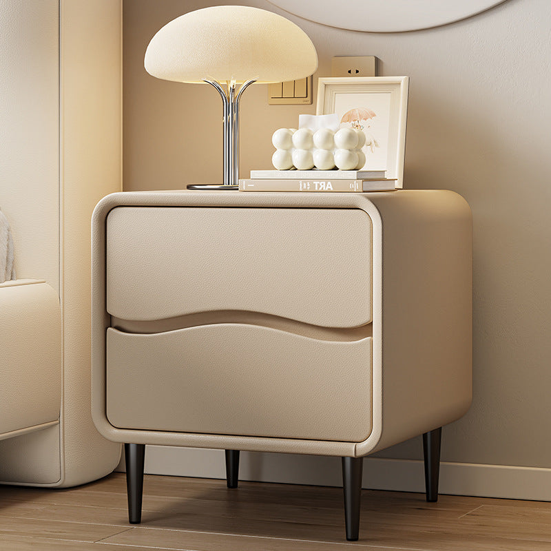 Moderna mesita de noche cuadrada minimalista de cuero de microfibra y madera con 2 cajones para dormitorio y sala de estar 