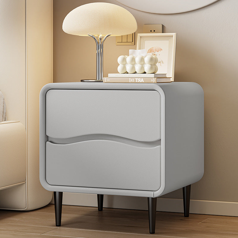 Moderna mesita de noche cuadrada minimalista de cuero de microfibra y madera con 2 cajones para dormitorio y sala de estar 
