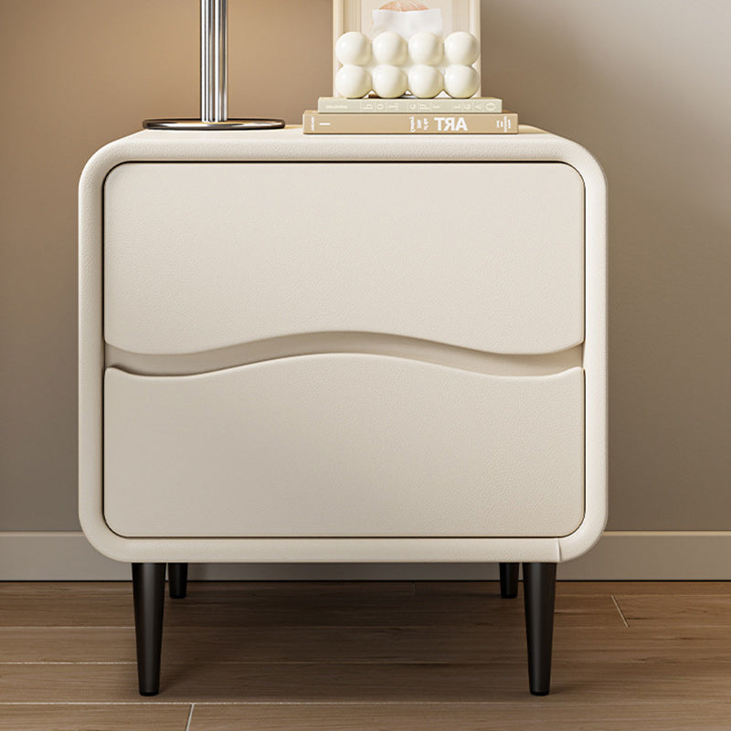 Moderna mesita de noche cuadrada minimalista de cuero de microfibra y madera con 2 cajones para dormitorio y sala de estar 