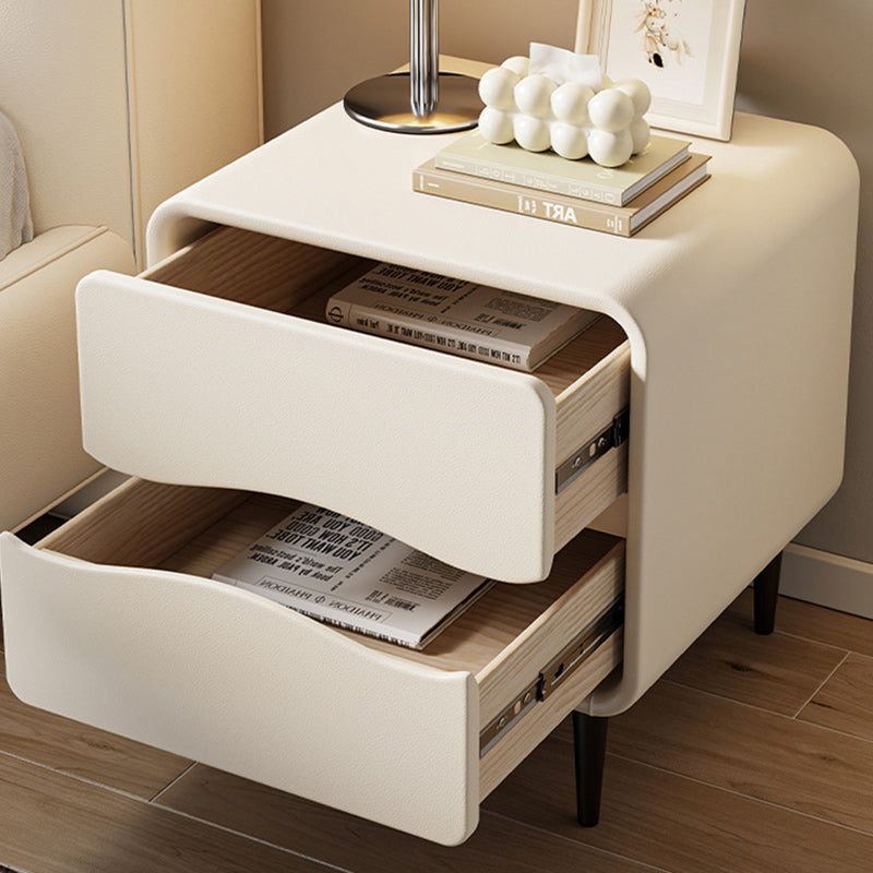Moderna mesita de noche cuadrada minimalista de cuero de microfibra y madera con 2 cajones para dormitorio y sala de estar 