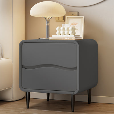 Moderna mesita de noche cuadrada minimalista de cuero de microfibra y madera con 2 cajones para dormitorio y sala de estar 