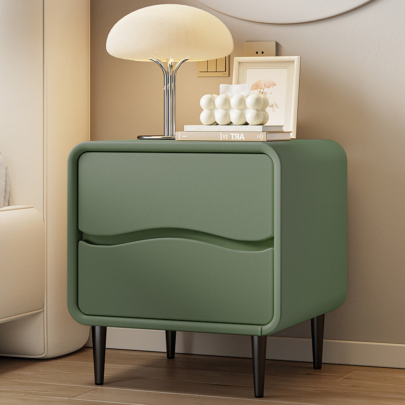 Moderna mesita de noche cuadrada minimalista de cuero de microfibra y madera con 2 cajones para dormitorio y sala de estar 