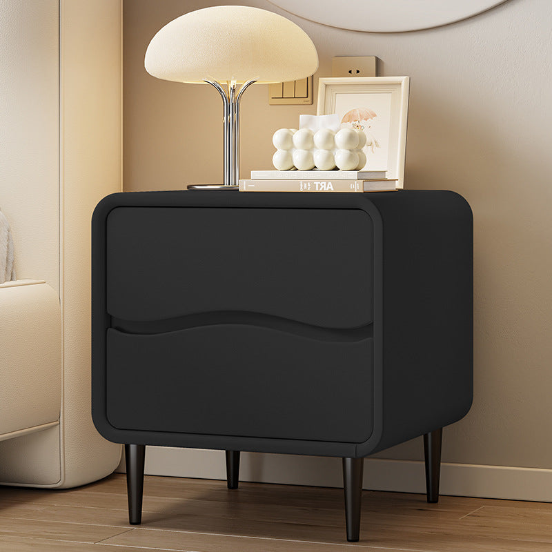 Moderna mesita de noche cuadrada minimalista de cuero de microfibra y madera con 2 cajones para dormitorio y sala de estar 