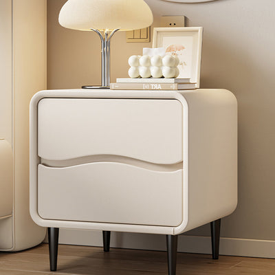 Moderna mesita de noche cuadrada minimalista de cuero de microfibra y madera con 2 cajones para dormitorio y sala de estar 