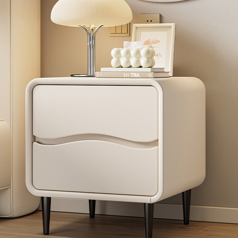 Moderna mesita de noche cuadrada minimalista de cuero de microfibra y madera con 2 cajones para dormitorio y sala de estar 