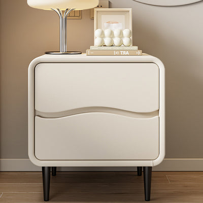 Moderna mesita de noche cuadrada minimalista de cuero de microfibra y madera con 2 cajones para dormitorio y sala de estar 