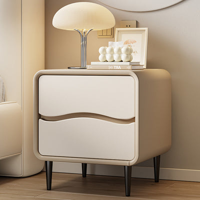 Moderna mesita de noche cuadrada minimalista de cuero de microfibra y madera con 2 cajones para dormitorio y sala de estar 