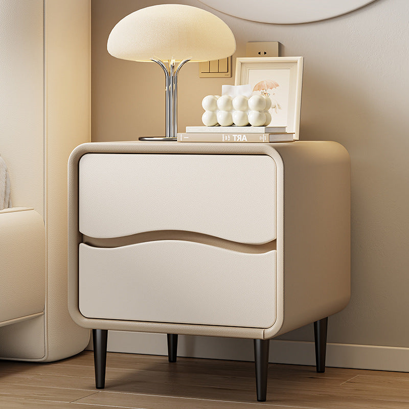 Moderna mesita de noche cuadrada minimalista de cuero de microfibra y madera con 2 cajones para dormitorio y sala de estar 