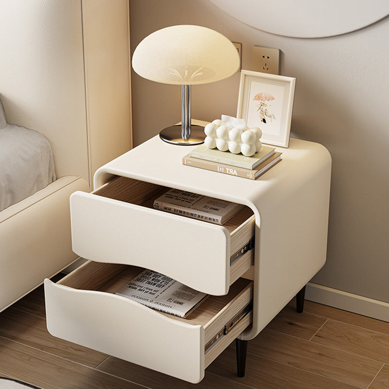 Moderna mesita de noche cuadrada minimalista de cuero de microfibra y madera con 2 cajones para dormitorio y sala de estar 