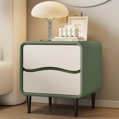 Moderna mesita de noche cuadrada minimalista de cuero de microfibra y madera con 2 cajones para dormitorio y sala de estar 