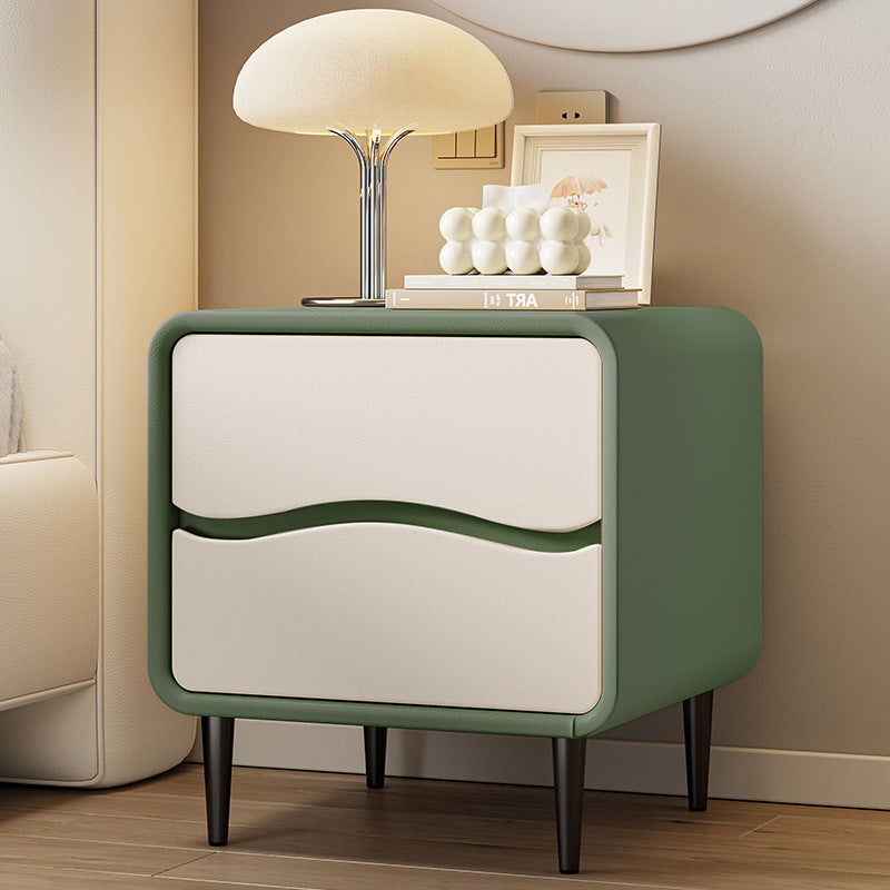 Moderna mesita de noche cuadrada minimalista de cuero de microfibra y madera con 2 cajones para dormitorio y sala de estar 