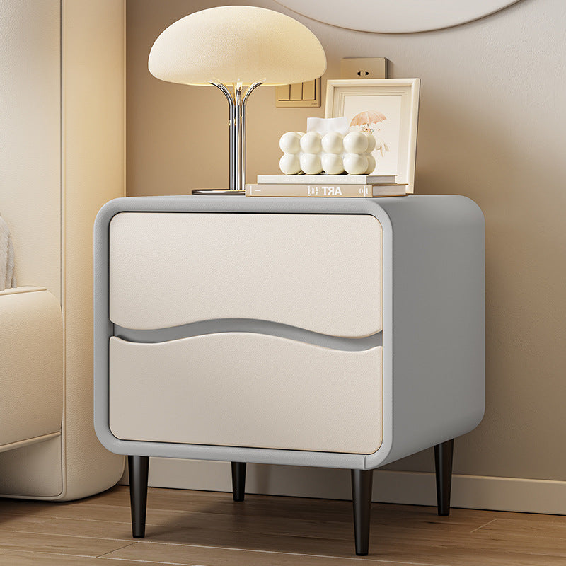 Moderna mesita de noche cuadrada minimalista de cuero de microfibra y madera con 2 cajones para dormitorio y sala de estar 