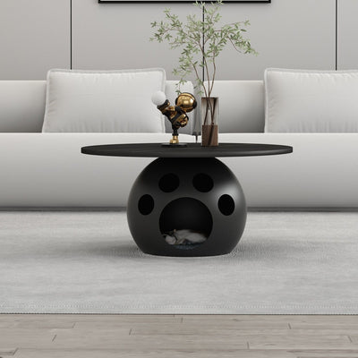 Modern Minimalist Carbon Steel, Wood & Rock Slab Round Coffee Table For Living Room And Bedroom
