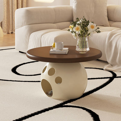 Modern Minimalist Carbon Steel, Wood & Rock Slab Round Coffee Table For Living Room And Bedroom