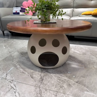 Modern Minimalist Carbon Steel, Wood & Rock Slab Round Coffee Table For Living Room And Bedroom