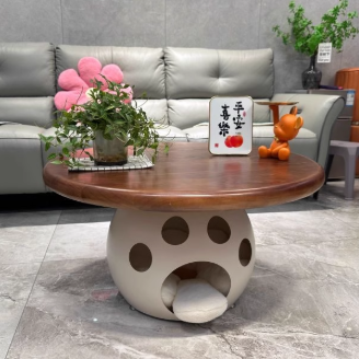 Modern Minimalist Carbon Steel, Wood & Rock Slab Round Coffee Table For Living Room And Bedroom