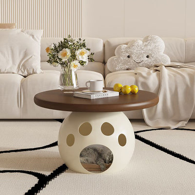 Modern Minimalist Carbon Steel, Wood & Rock Slab Round Coffee Table For Living Room And Bedroom