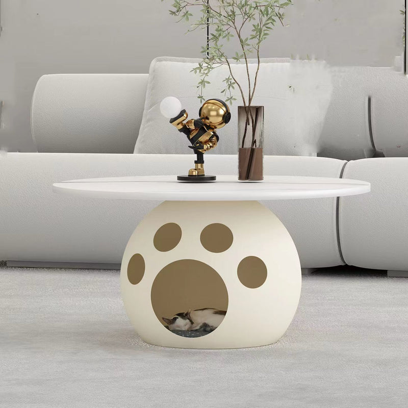 Modern Minimalist Carbon Steel, Wood & Rock Slab Round Coffee Table For Living Room And Bedroom