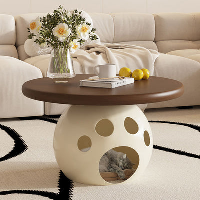 Modern Minimalist Carbon Steel, Wood & Rock Slab Round Coffee Table For Living Room And Bedroom