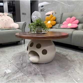 Modern Minimalist Carbon Steel, Wood & Rock Slab Round Coffee Table For Living Room And Bedroom