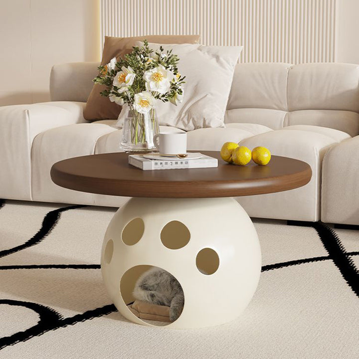Mesa de Centro Redonda Modernista Minimalista de Acero al Carbono, Madera y Losa de Roca para Sala de Estar y Dormitorio 