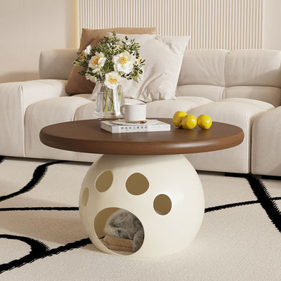 Modern Minimalist Carbon Steel, Wood & Rock Slab Round Coffee Table For Living Room And Bedroom