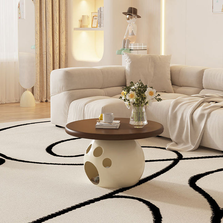 Mesa de Centro Redonda Modernista Minimalista de Acero al Carbono, Madera y Losa de Roca para Sala de Estar y Dormitorio 