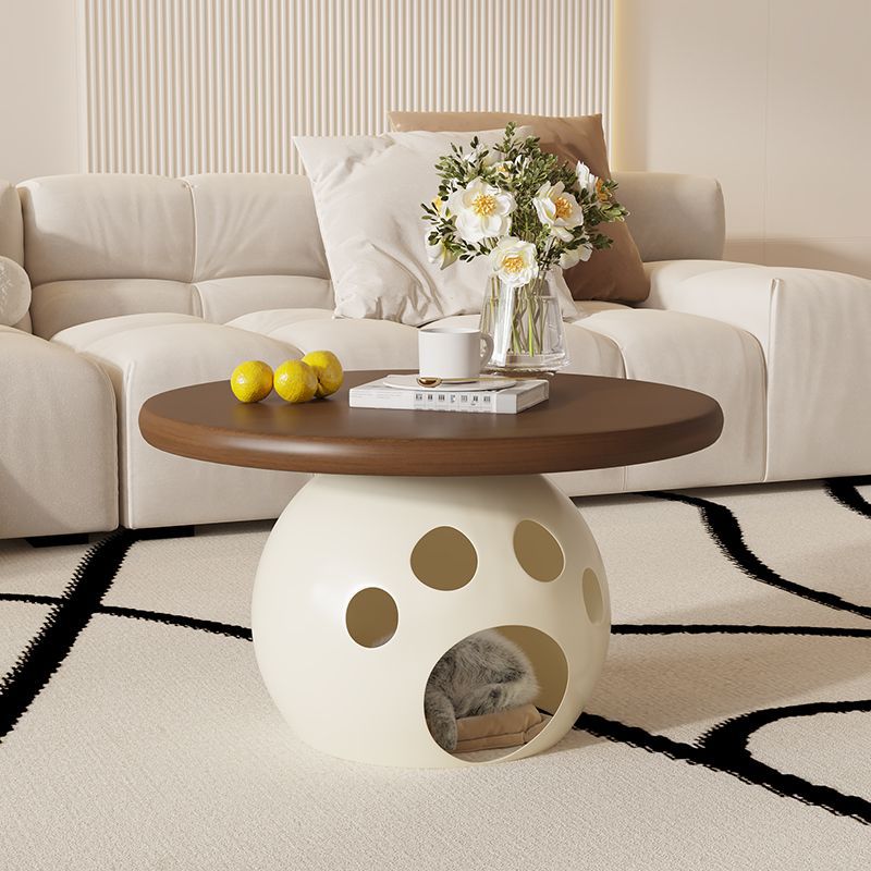Modern Minimalist Carbon Steel, Wood & Rock Slab Round Coffee Table For Living Room And Bedroom