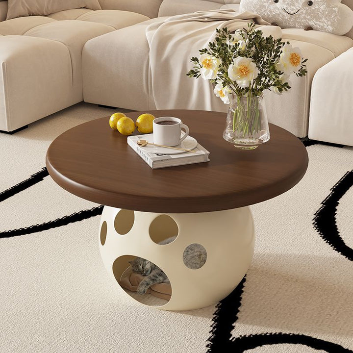 Mesa de Centro Redonda Modernista Minimalista de Acero al Carbono, Madera y Losa de Roca para Sala de Estar y Dormitorio 