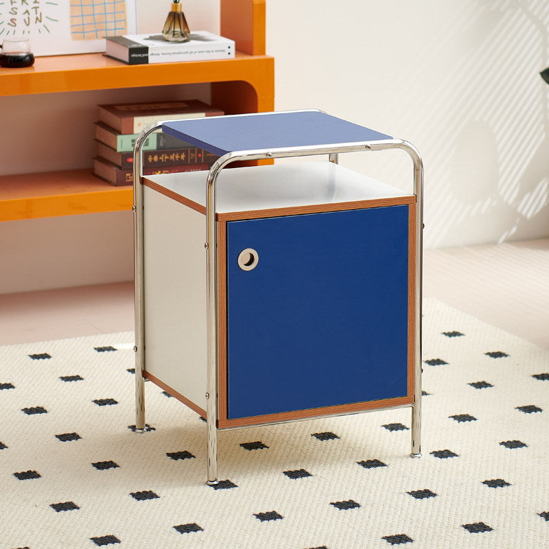 Contemporary Nordic Plank &amp; Stainless Steel Rectangular Nightstand With 1-Cabinet For Bedroom And Living Room