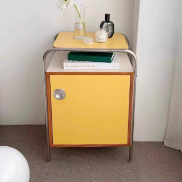 Contemporary Nordic Plank &amp; Stainless Steel Rectangular Nightstand With 1-Cabinet For Bedroom And Living Room