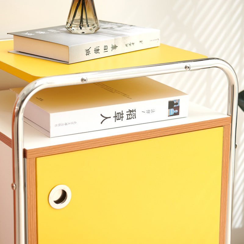 Contemporary Nordic Plank &amp; Stainless Steel Rectangular Nightstand With 1-Cabinet For Bedroom And Living Room