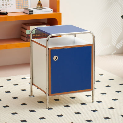 Table de nuit rectangulaire contemporaine en planche nordique et acier inoxydable avec 1 armoire pour chambre et salon 