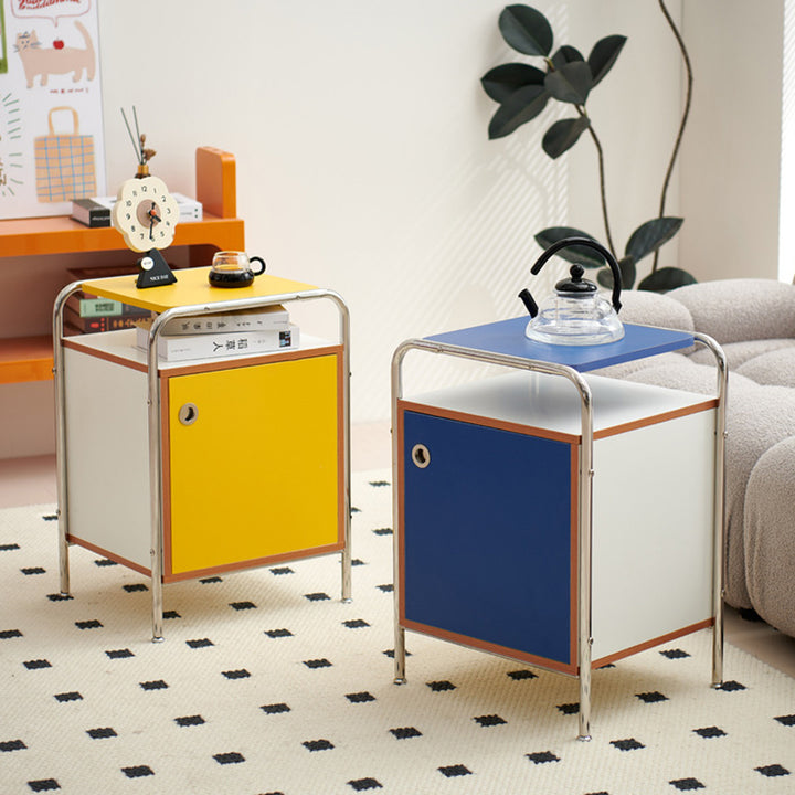 Contemporary Nordic Plank &amp; Stainless Steel Rectangular Nightstand With 1-Cabinet For Bedroom And Living Room