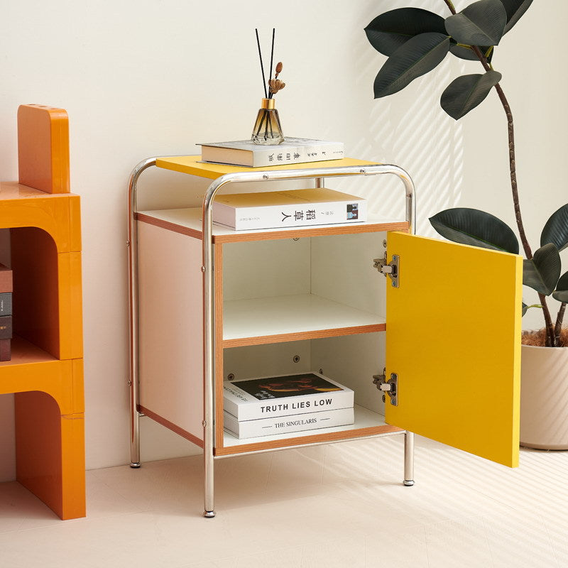 Contemporary Nordic Plank &amp; Stainless Steel Rectangular Nightstand With 1-Cabinet For Bedroom And Living Room