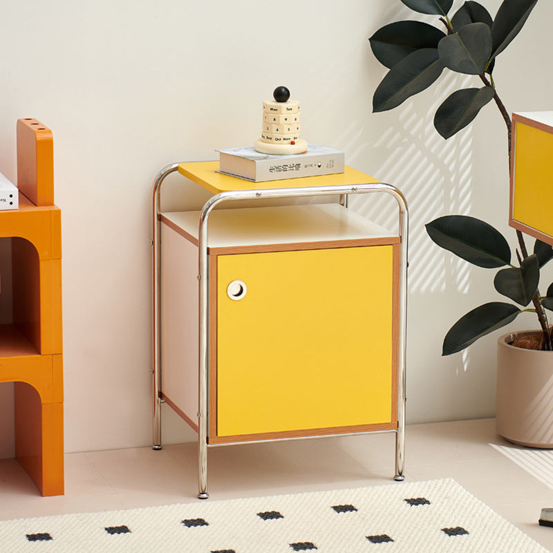 Contemporary Nordic Plank &amp; Stainless Steel Rectangular Nightstand With 1-Cabinet For Bedroom And Living Room